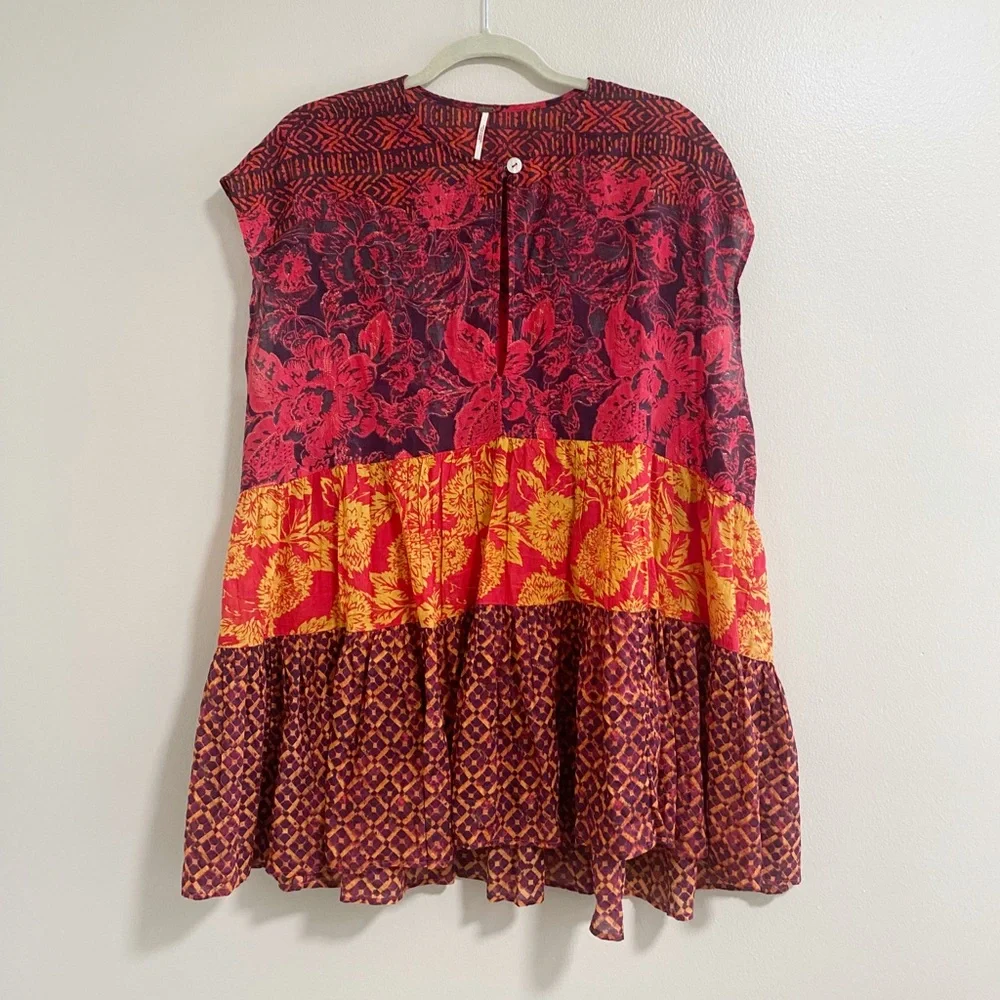 Floral Patchwork Red & Orange Short Sleeve Tunic Top